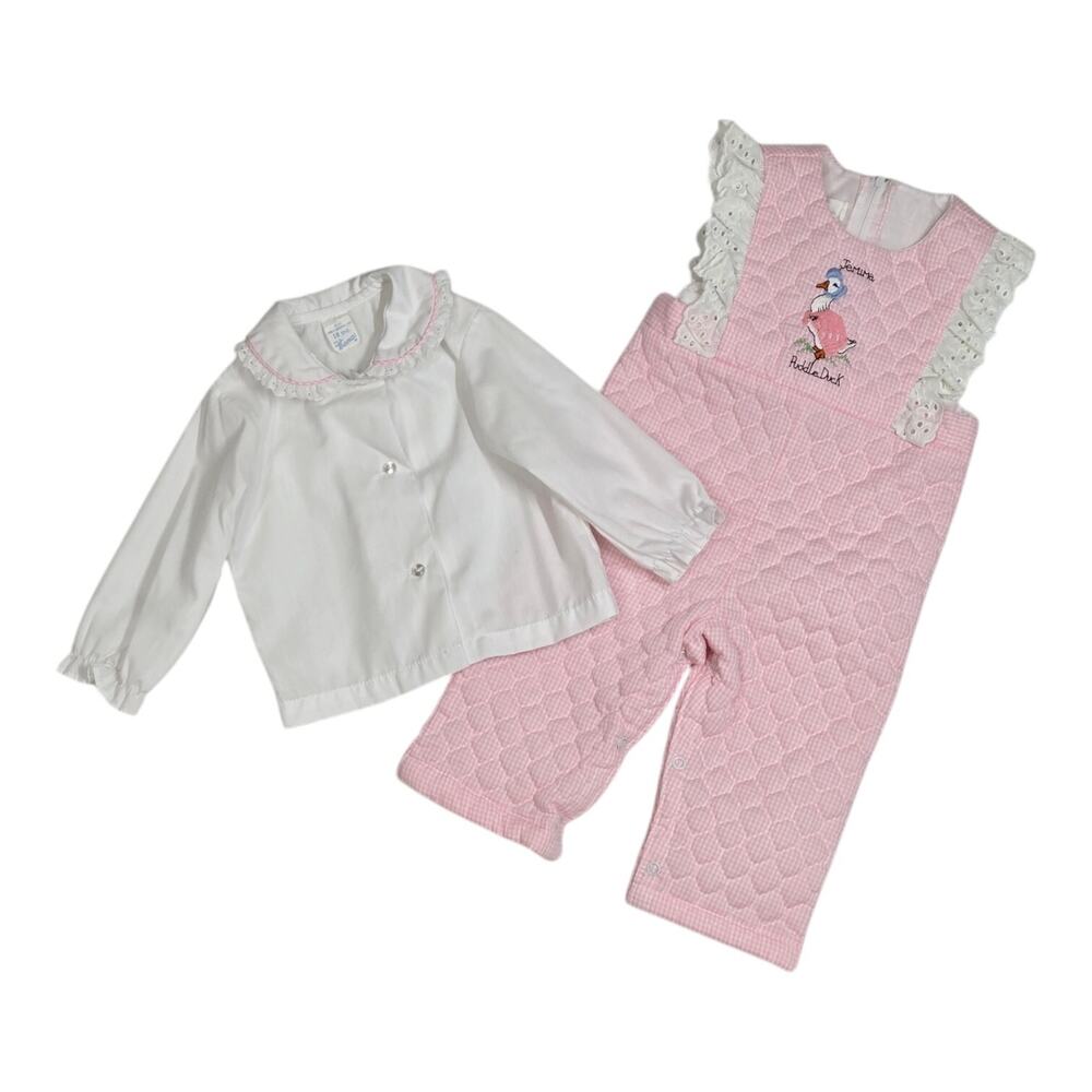 VTG 70s By Thomas Jemima Puddle Duck Quilted Romper Top 2 Pc Pink White Gingham
